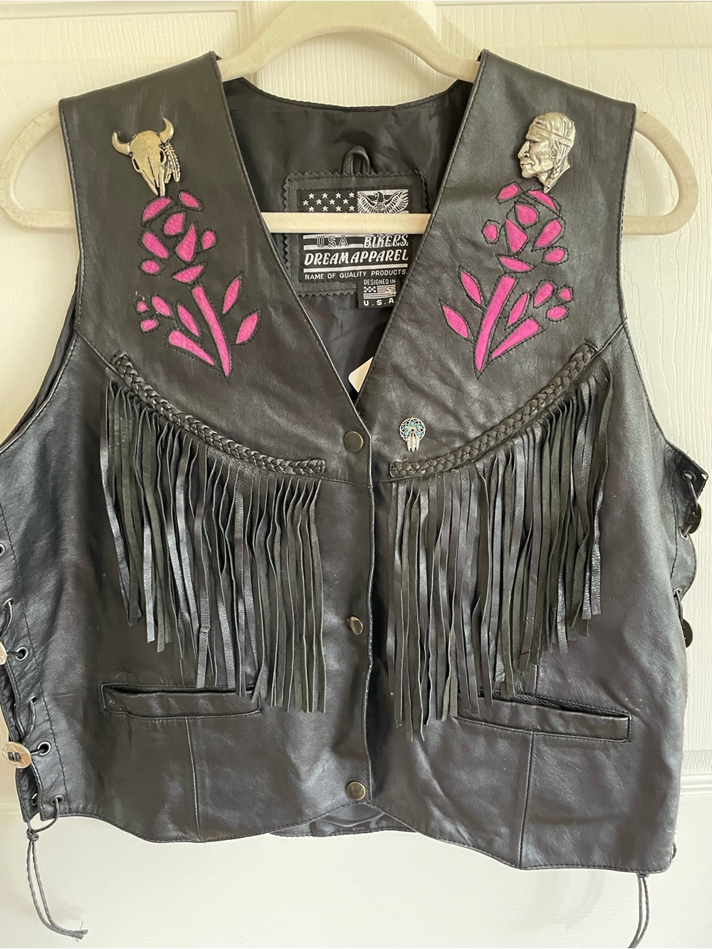 Vintage Bikers Dream Black Leather Fringe Vest with Pink Accents Size Large